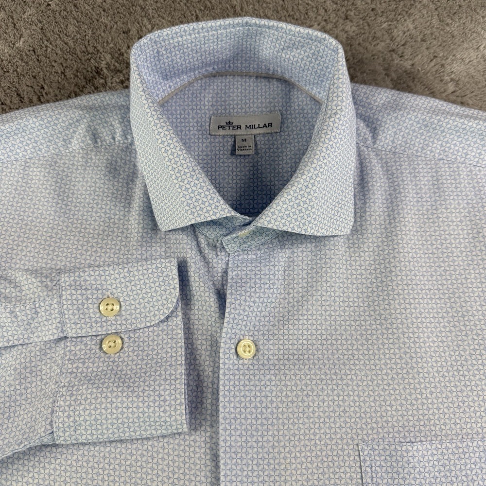 Peter Millar Mens M Blue Linen Lyocell Dress Shirt Long Sleeve Geometric Print